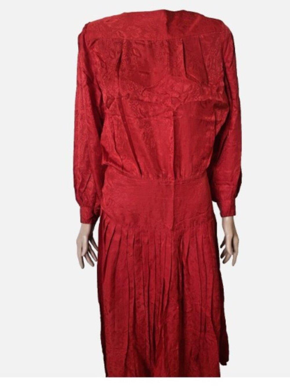 CADAZ Vintage 100% Silk Red Floral Jacquard Pleated Dress Made Hong Kong Size 8